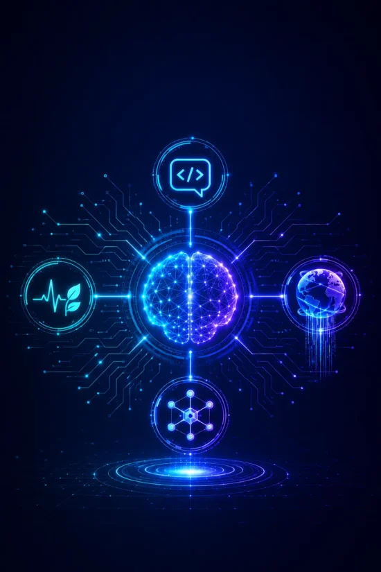 AI blog banner featuring a glowing neural network connecting AI tools, technology, fitness, and artificial intelligence concepts