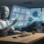 Illustration of a robot and AI icon working together over a business dashboard, representing RPA and AI automation