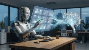 Illustration of a robot and AI icon working together over a business dashboard, representing RPA and AI automation