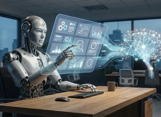 Illustration of a robot and AI icon working together over a business dashboard, representing RPA and AI automation