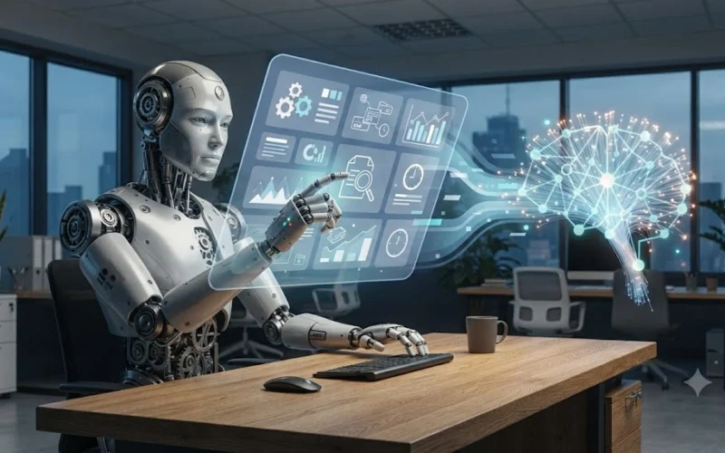 Illustration of a robot and AI icon working together over a business dashboard, representing RPA and AI automation