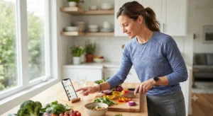 Woman using personalized AI meal planning app while preparing healthy food