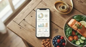 AI nutrition plan app for weight loss shown on smartphone with healthy foods