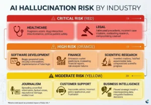 Risk assessment chart showing AI hallucination danger levels by industry: 
Critical risk for healthcare and legal, High risk for software development 
finance and research, Moderate risk for journalism customer support and 
business intelligence, color-coded with icons for each industry