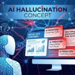 Abstract representation of AI hallucination showing a computer screen with conflicting information sources and neural network patterns in blue and red colors