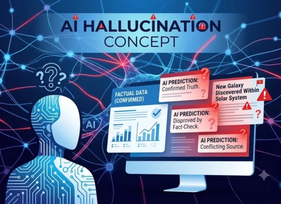Abstract representation of AI hallucination showing a computer screen with conflicting information sources and neural network patterns in blue and red colors