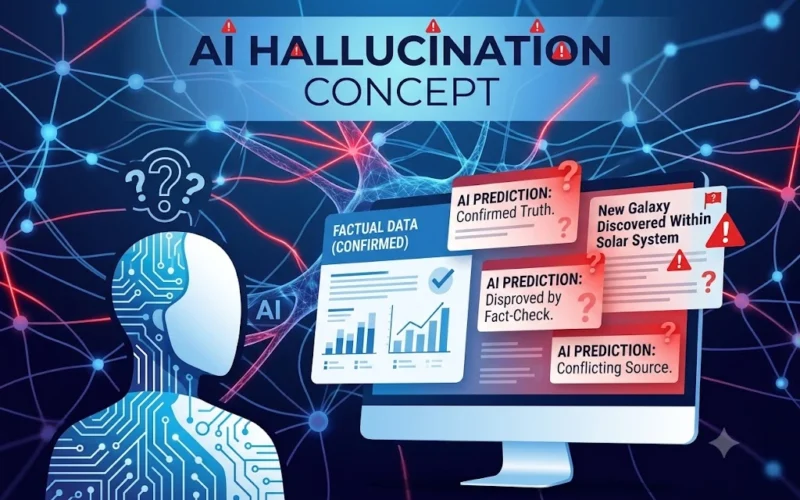 Abstract representation of AI hallucination showing a computer screen with conflicting information sources and neural network patterns in blue and red colors