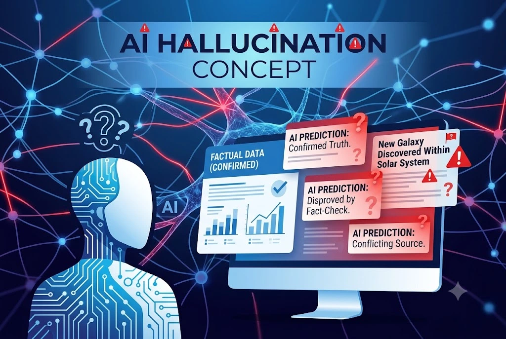 Abstract representation of AI hallucination showing a computer screen with conflicting information sources and neural network patterns in blue and red colors