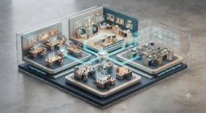 Isometric illustration of finance, HR, and customer service departments connected by automation and AI
